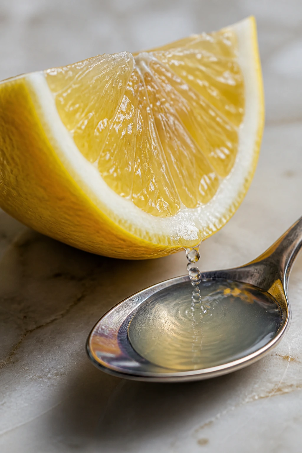 Close-up of a lemon wedge with juice on a spoon