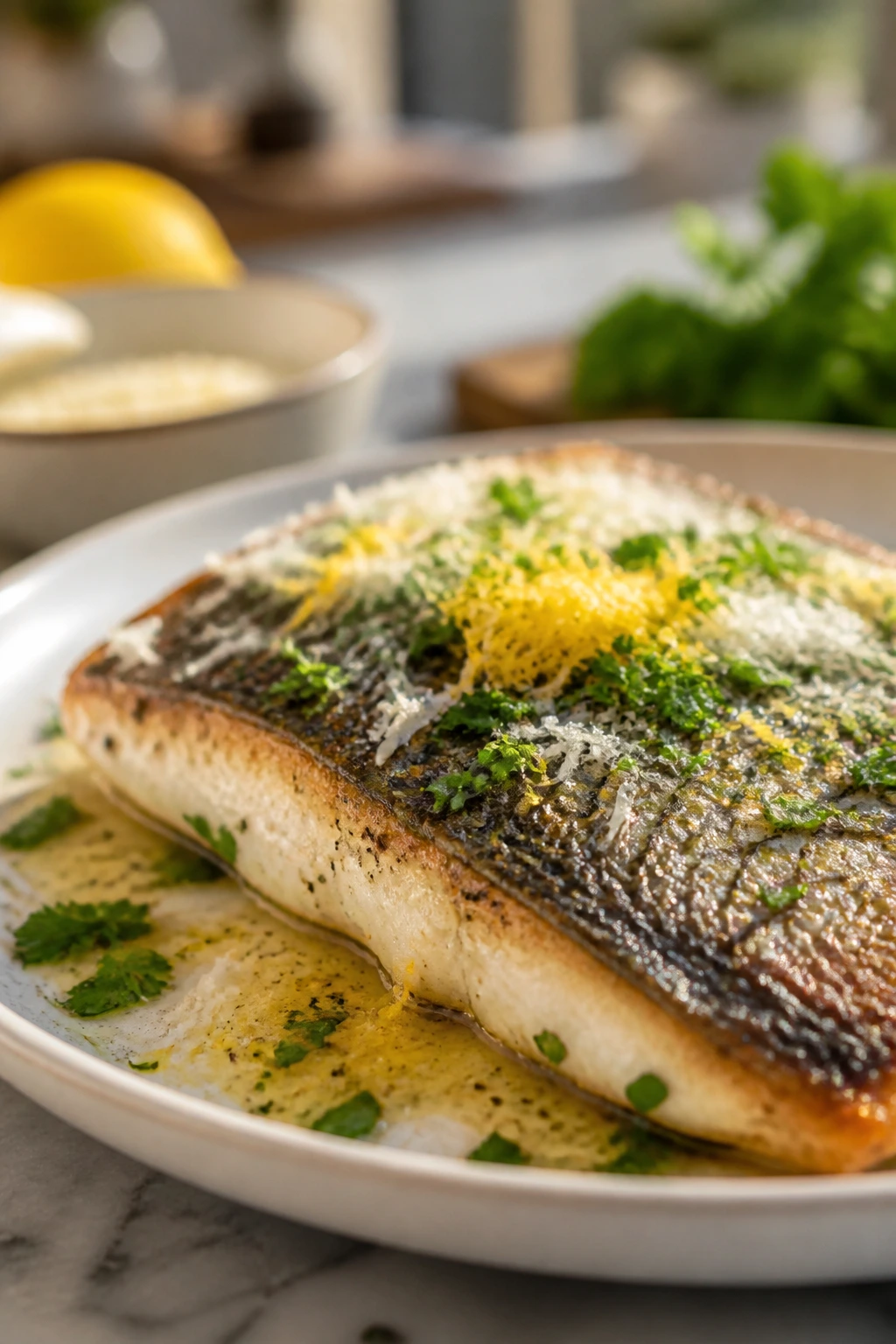 Fish fillet with lemon zest, parmesan, and herbs as finishing touches
