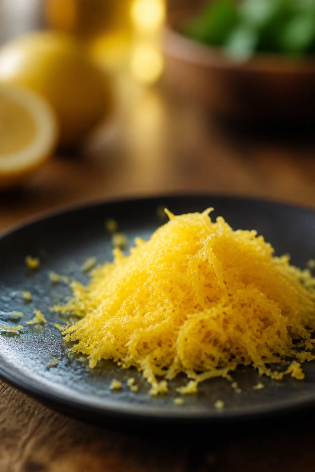 Lemon zest on a dark plate as a flavor booster