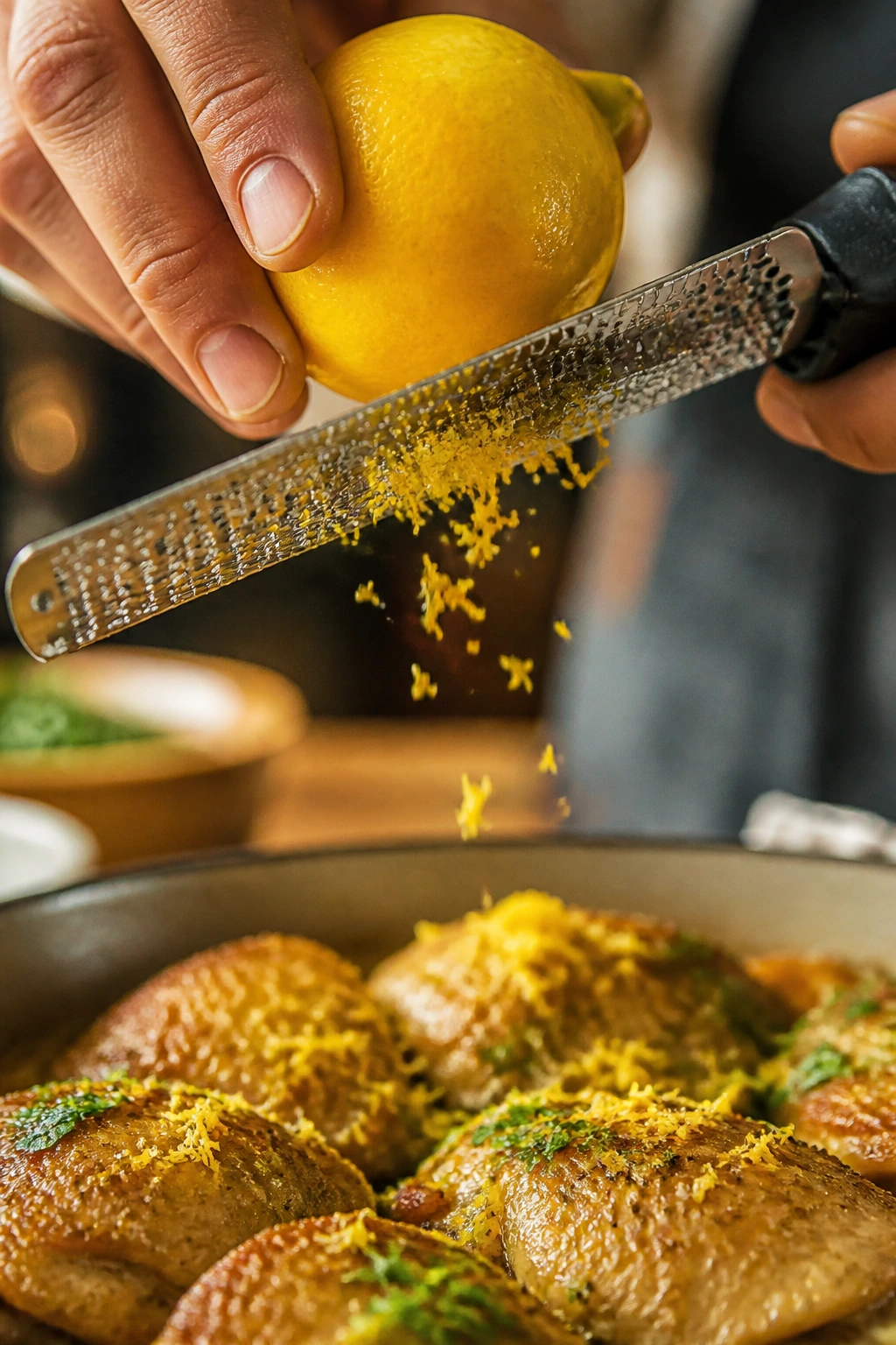 Lemon zest being grated as a flavor booster for chicken