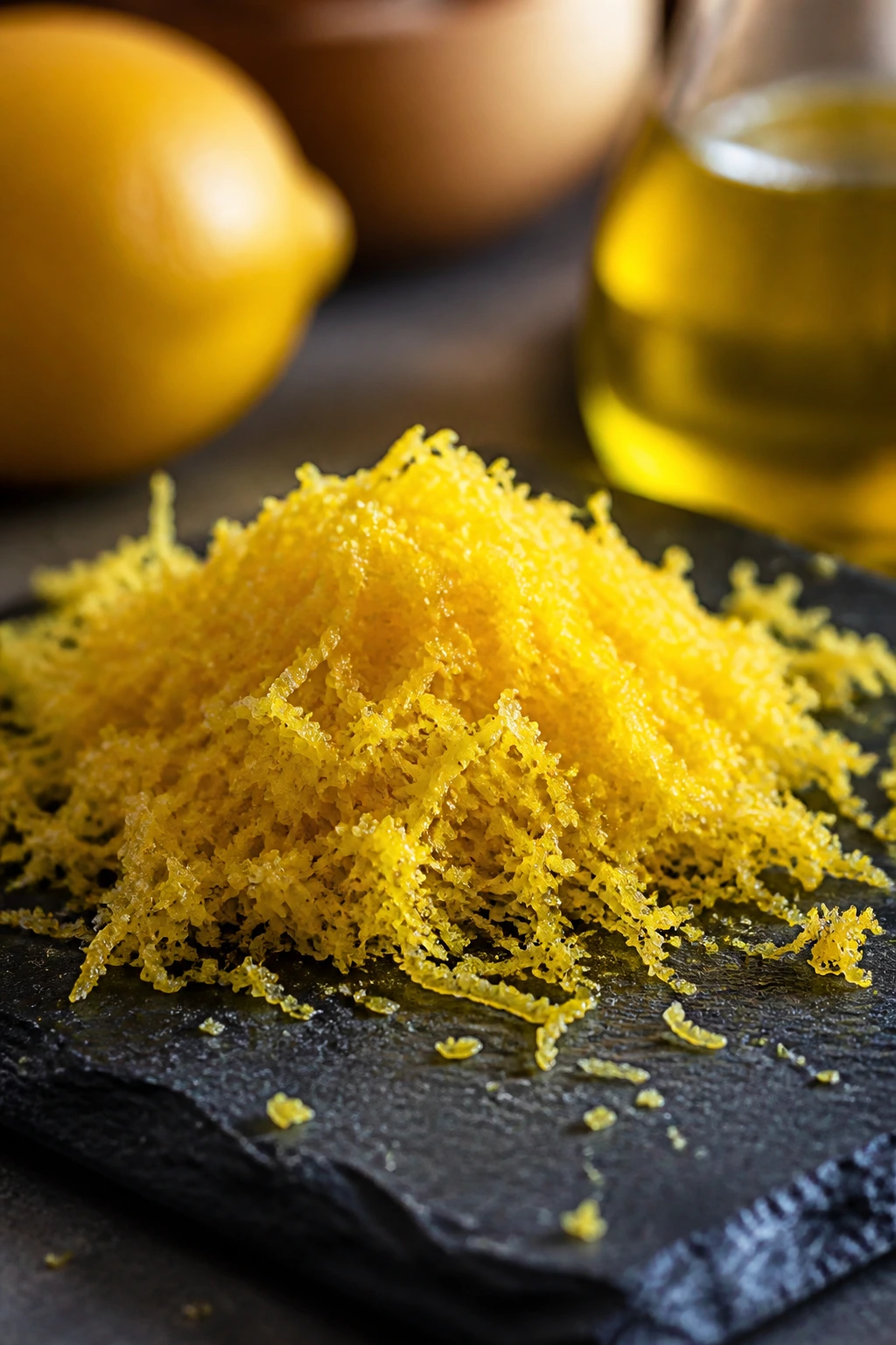 Lemon zest mound on dark slate surface suggesting flavor boosters