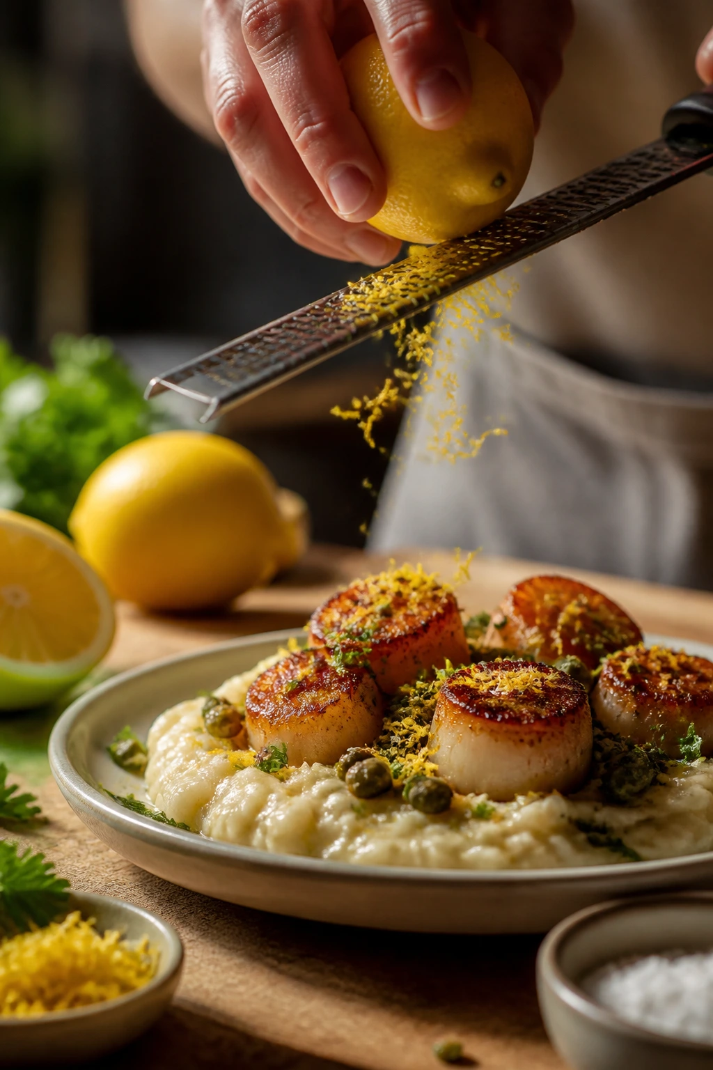 Lemon zest being grated over a dish for flavor boost.