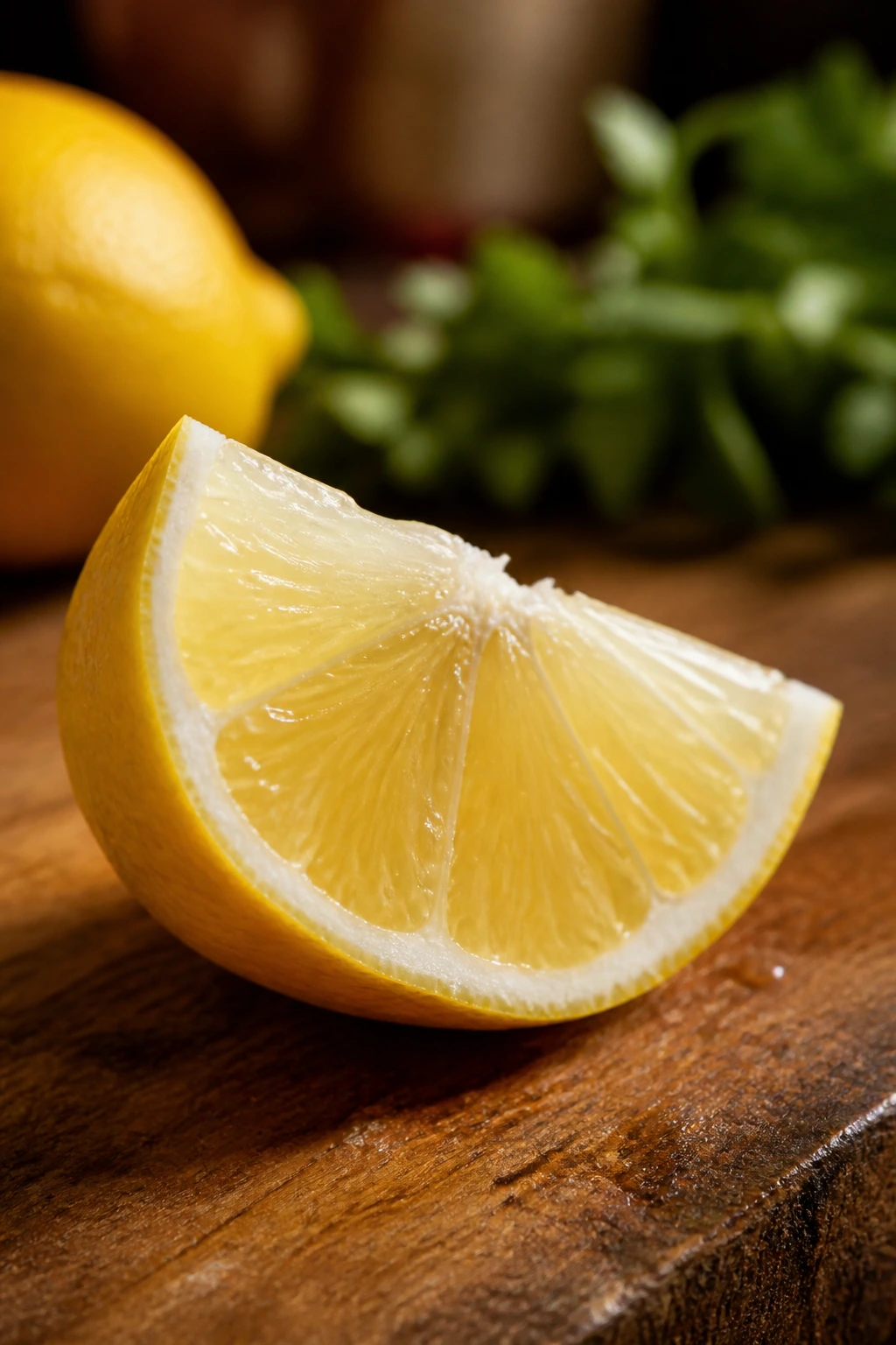 Close-up of a lemon wedge with zest on a wooden board