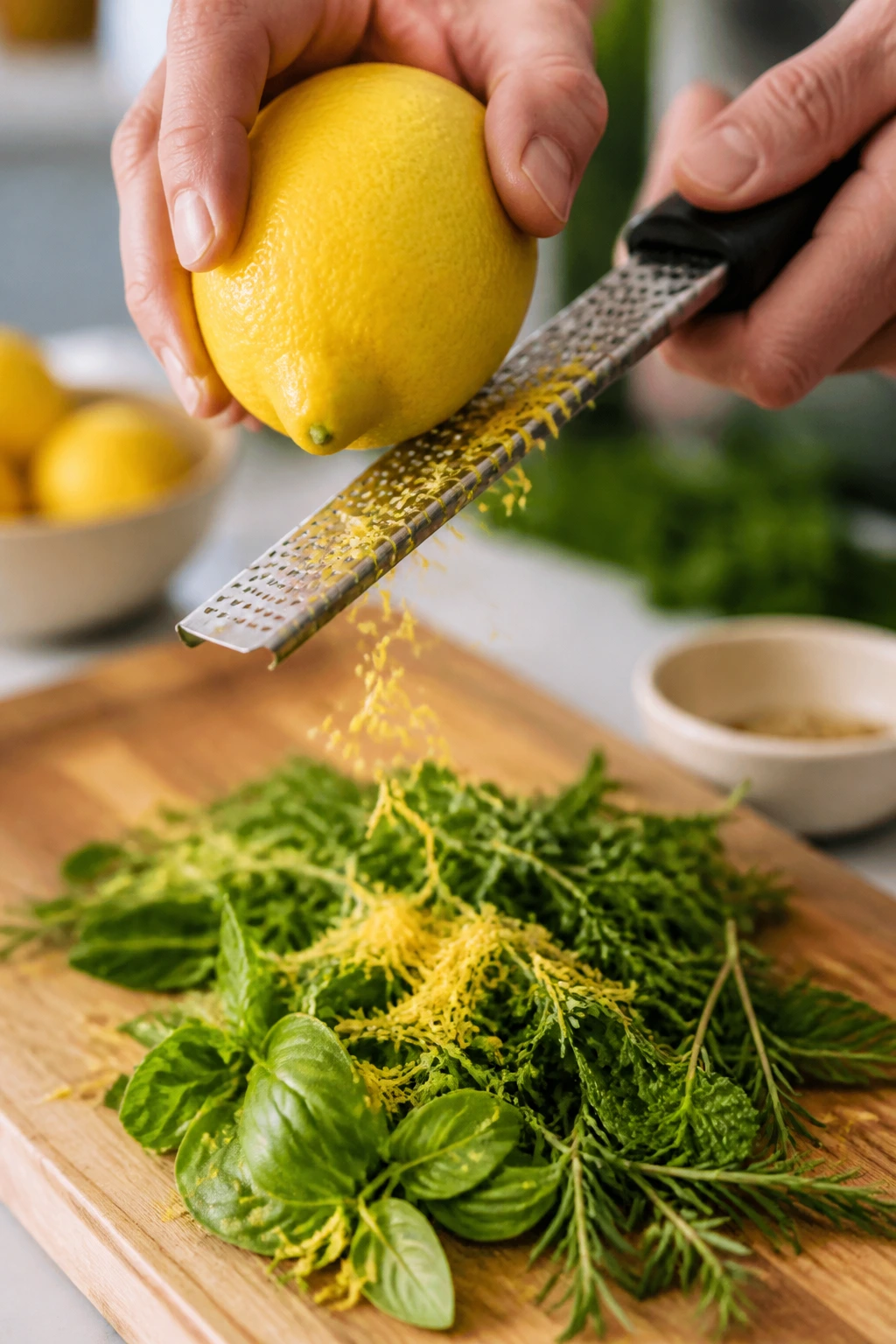 Lemon zest being grated over fresh herbs on a cutting board