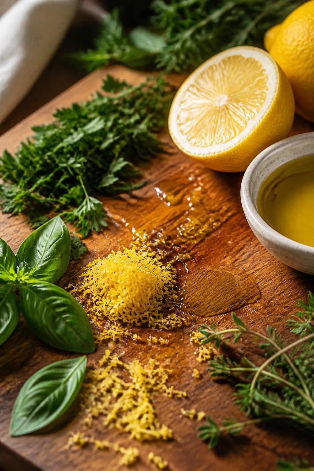 Lemon zest, olive oil, and herbs prepared for flavor boosters
