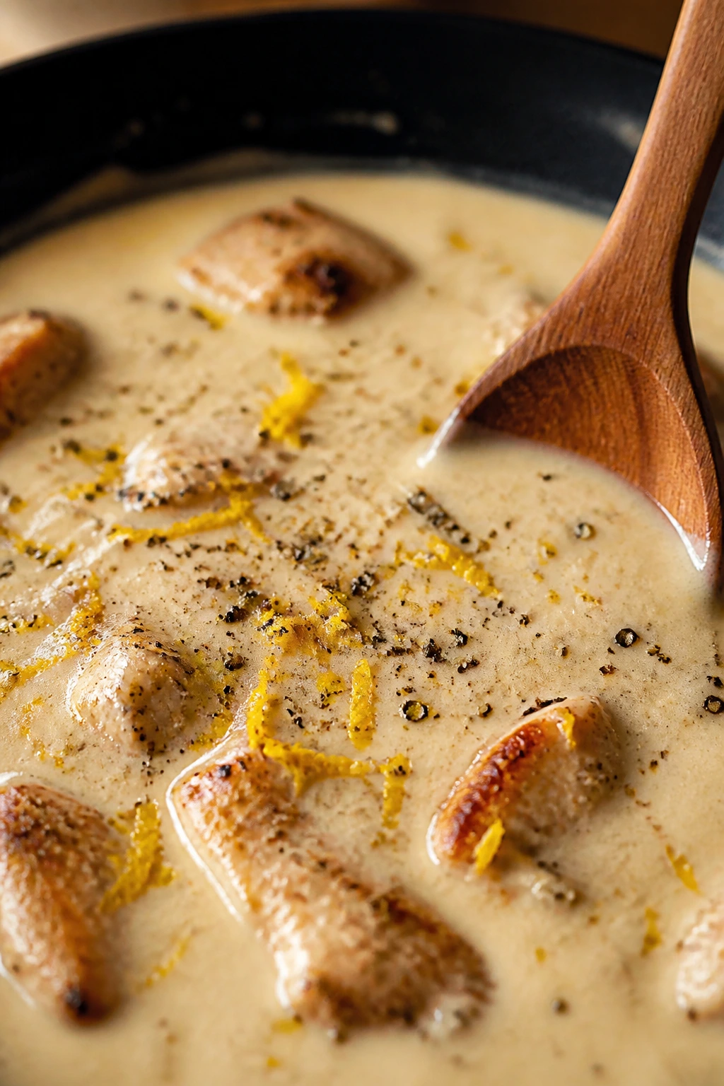 Creamy sauce with lemon zest and pepper enhancing flavor in a skillet