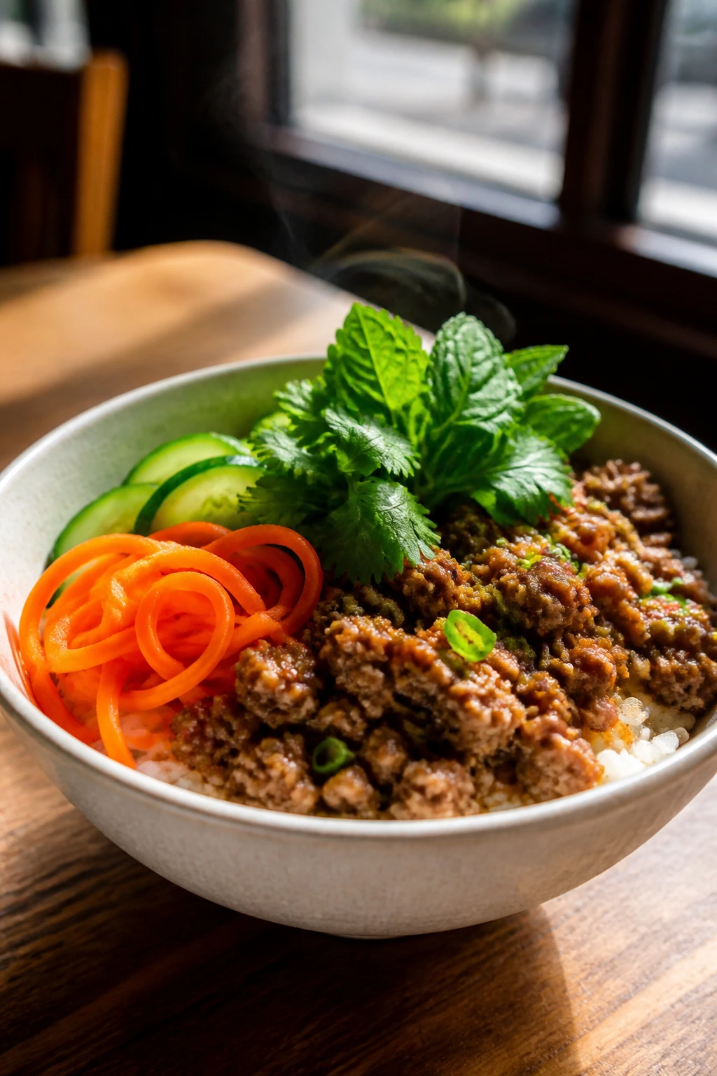Close-up of Vietnamese lemongrass pork bowl with pickled vegetables over rice