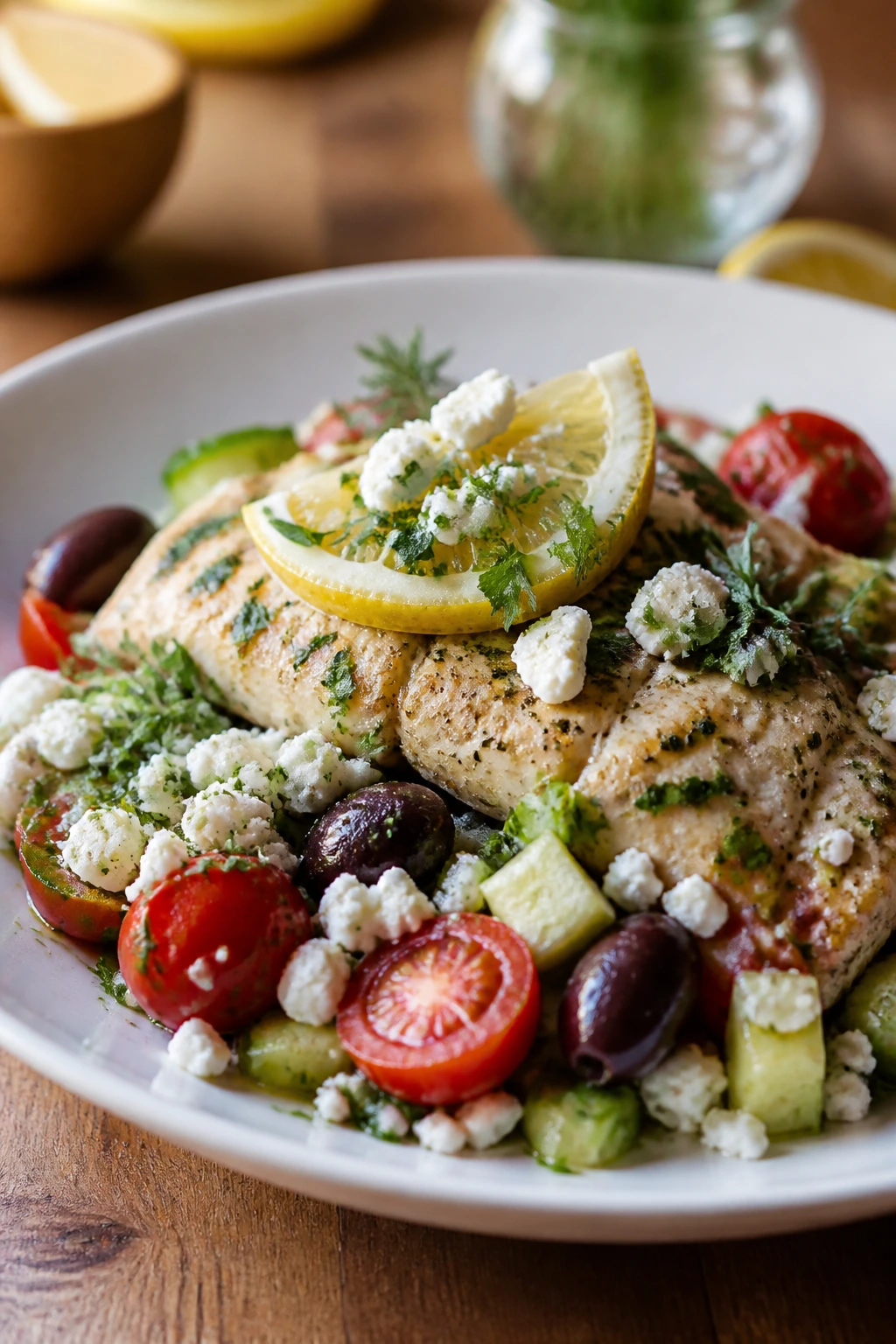 Plated bright Mediterranean dish with lemon, herbs, olives on wooden table