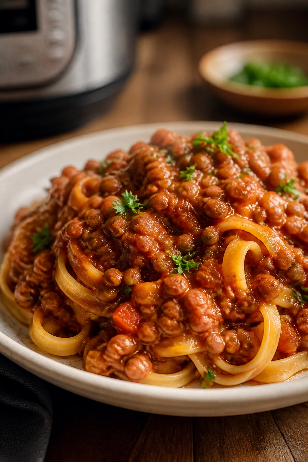 Pasta with lentil bolognese in a red sauce