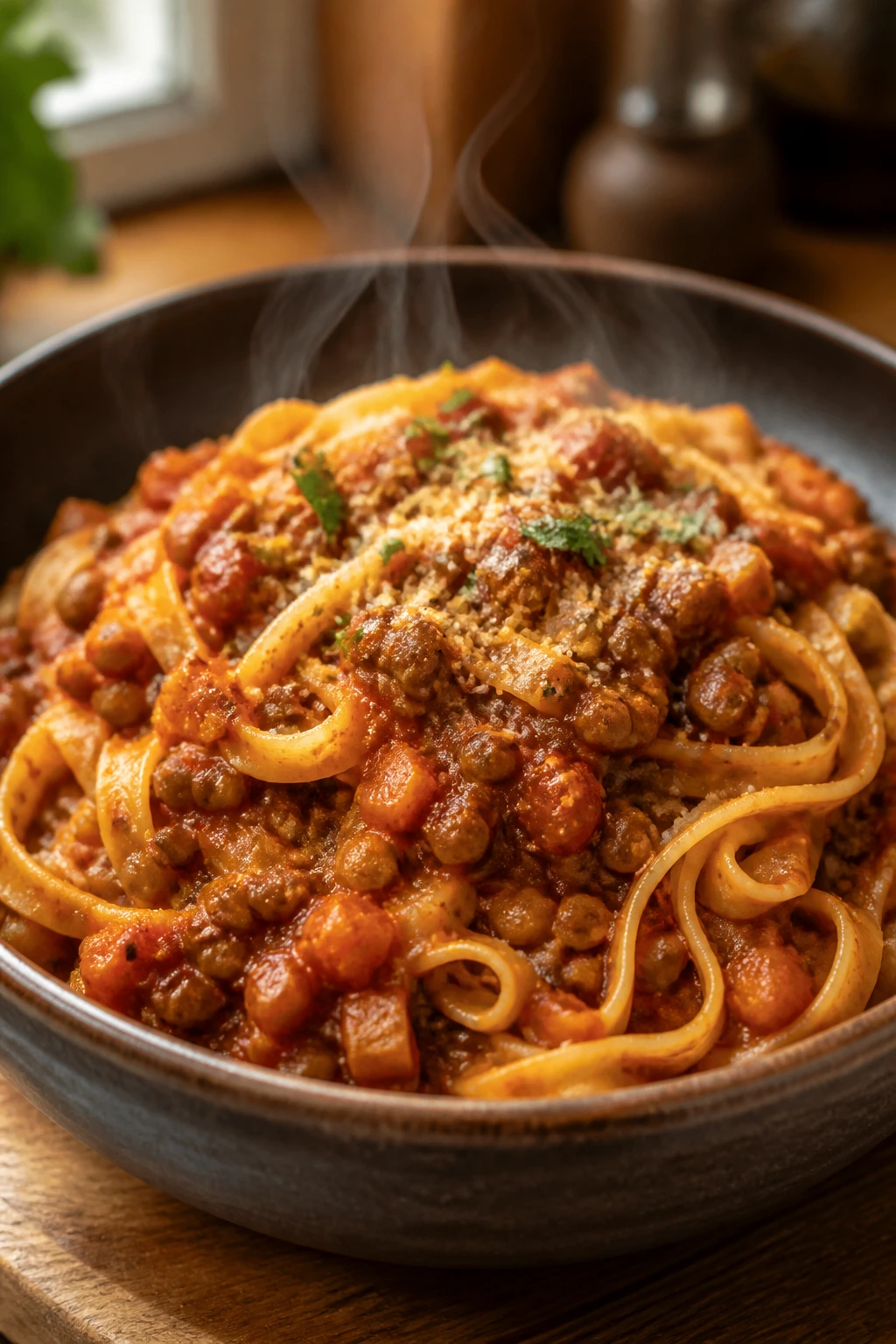Close-up of hearty lentil bolognese dish in a rustic bowl