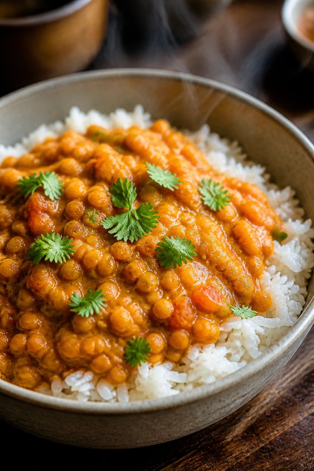 Close-up of coconut red lentil curry with rice in a cozy kitchen.