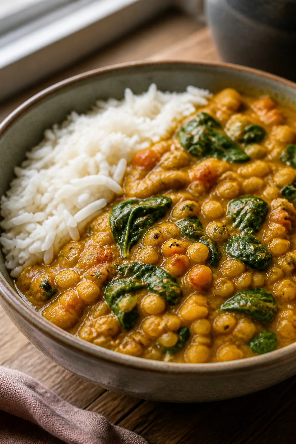 Close-up of curried lentil stew served with rice.