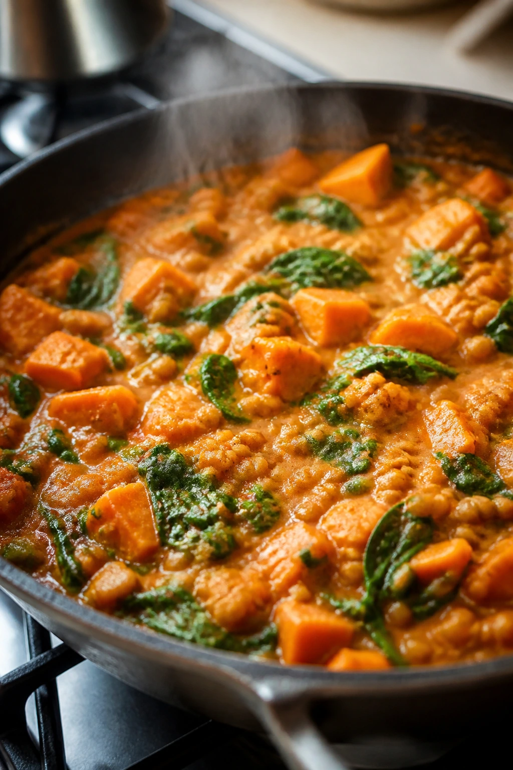 Close-up of red lentil and sweet potato curry with spinach in a skillet