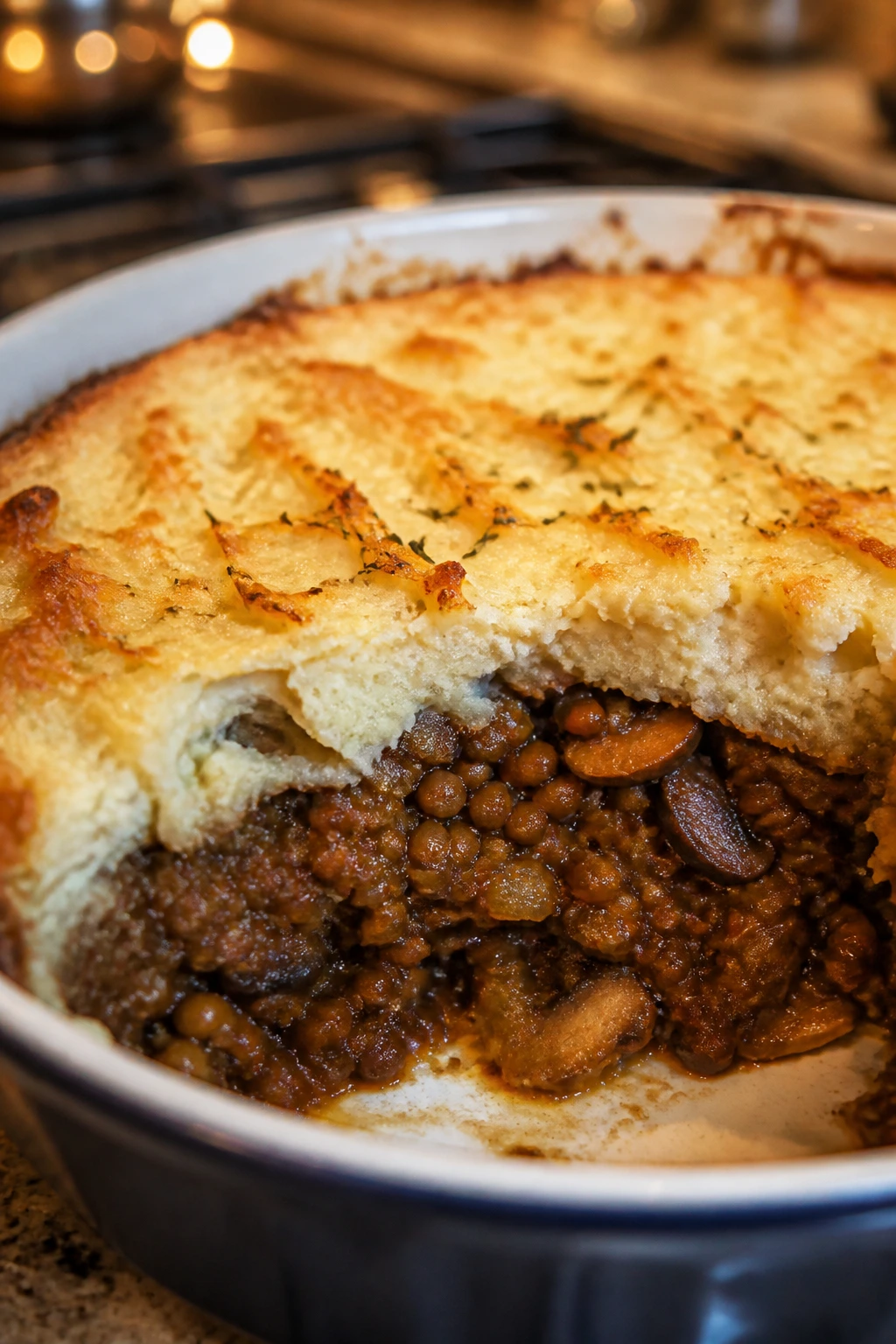 Close-up slice of lentil shepherd's pie with browned potato topping.