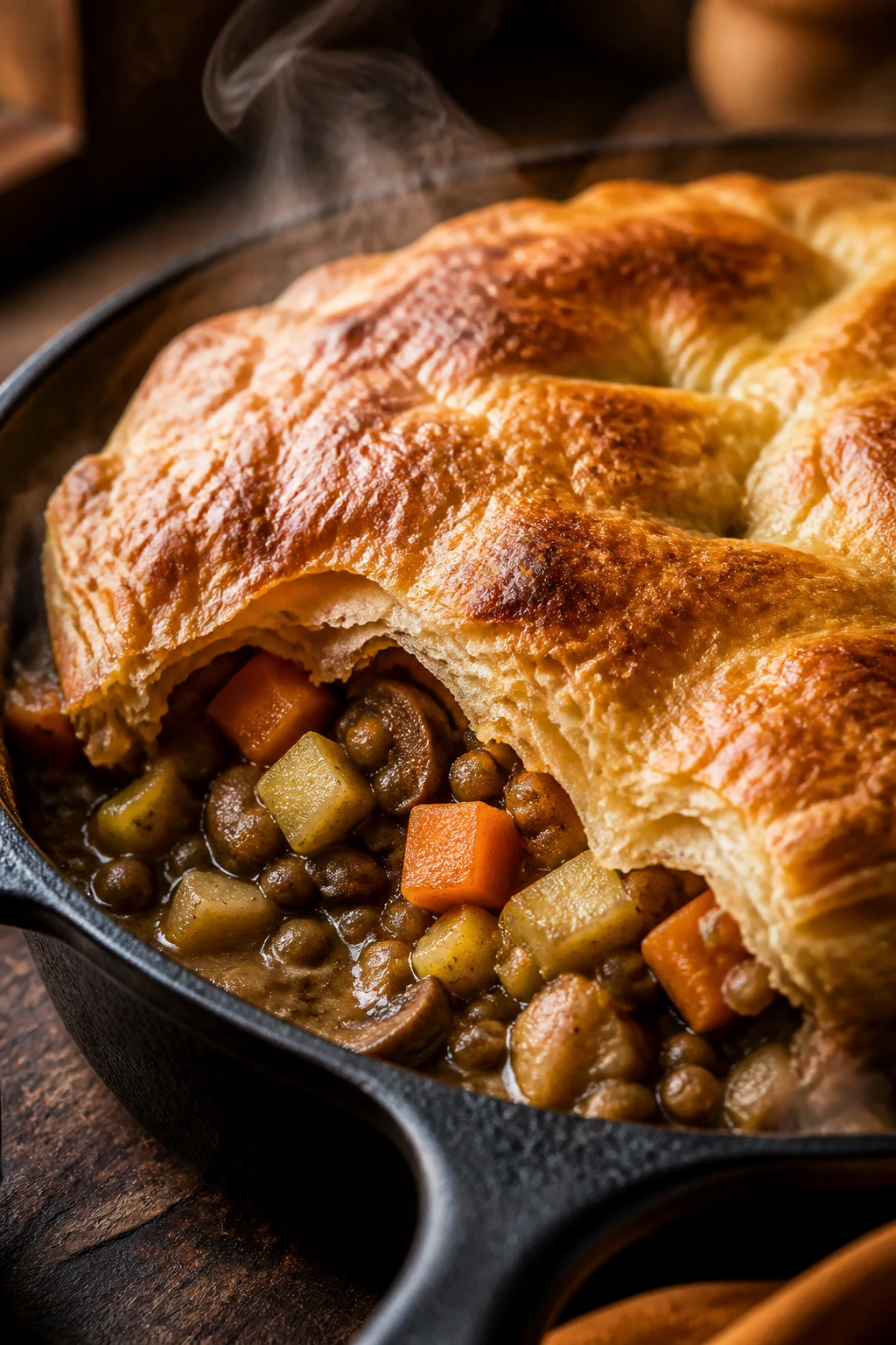 Close-up of bronzed puff pastry lid on vegetarian lentil and root vegetable pot pie in a cast-iron skillet.