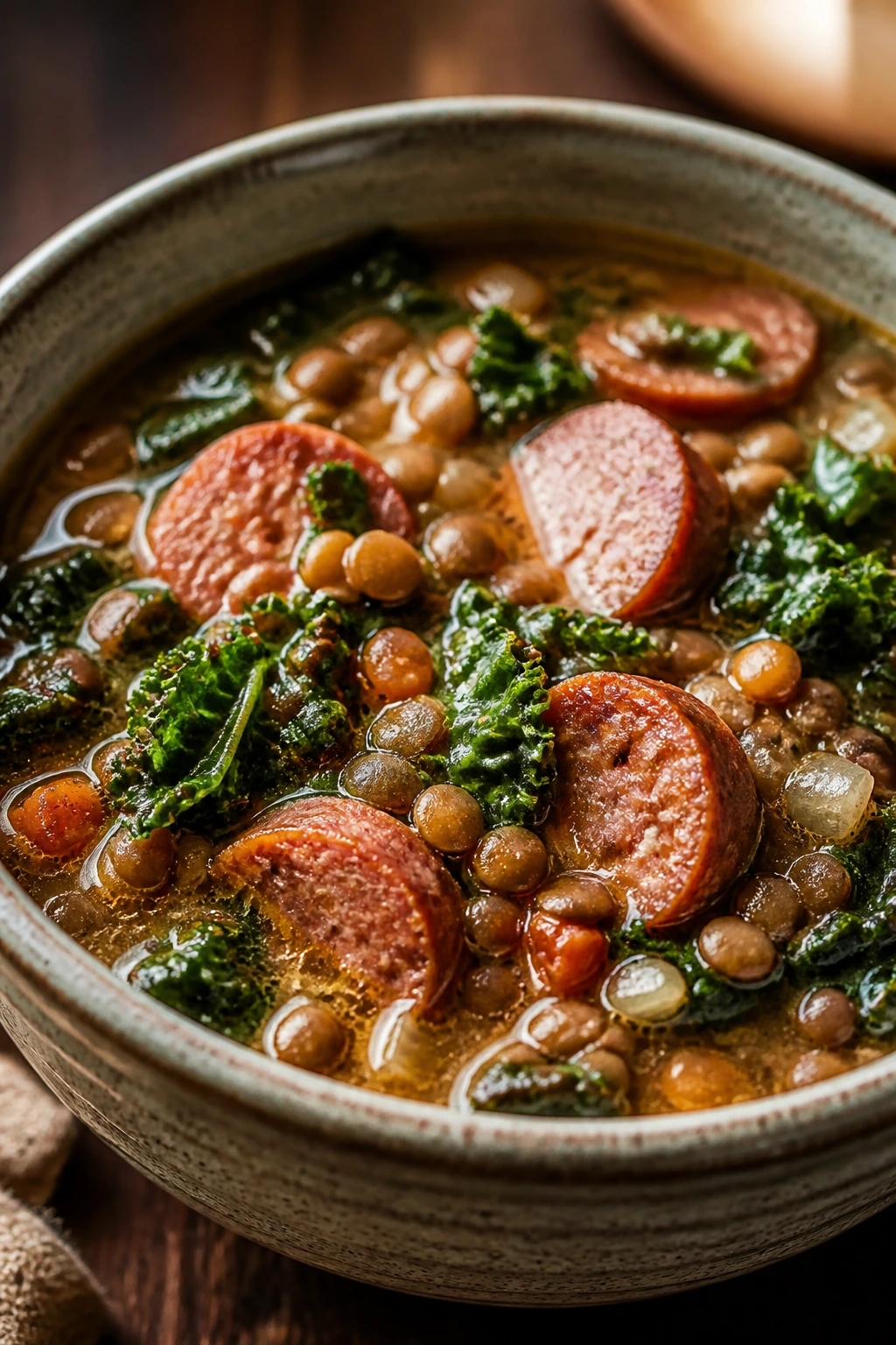 Close-up of a steaming lentil sausage kale soup in a rustic bowl