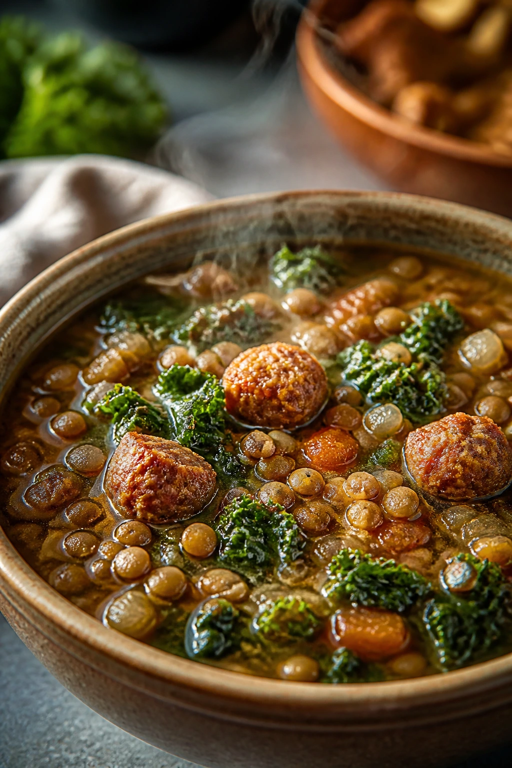 Close-up of lentil sausage kale soup in a bowl with steam