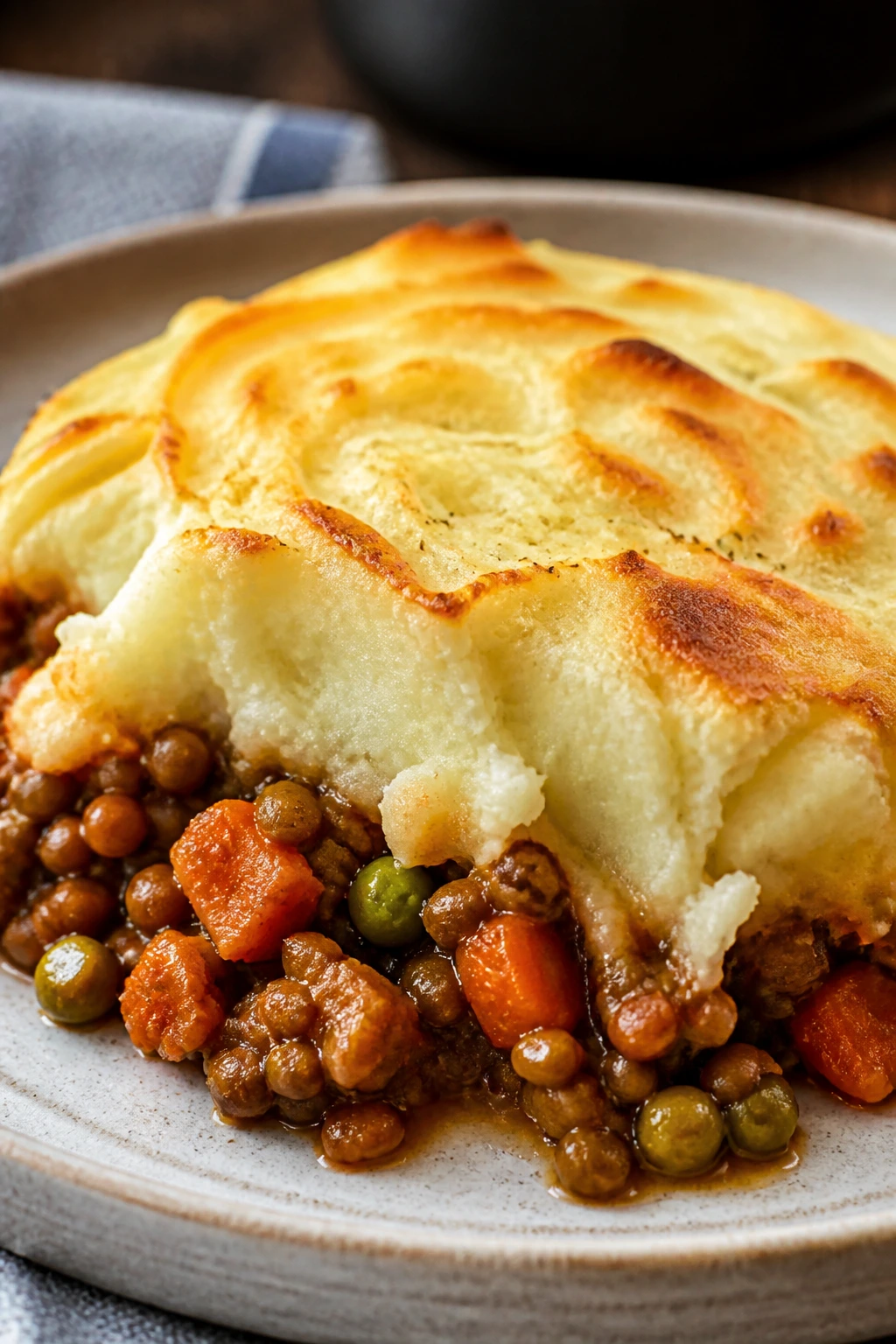 Plated lentil shepherd's pie with mashed potato topping
