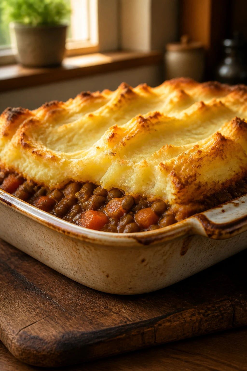 Lentil shepherd's pie with a golden mashed potato crust