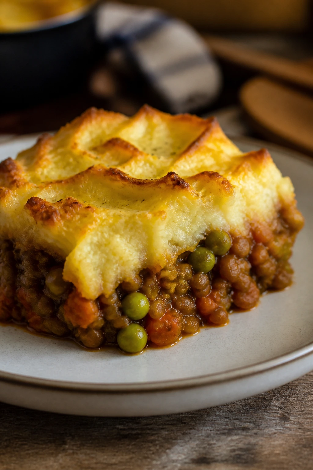 Slice of lentil shepherd's pie with mashed potato topping