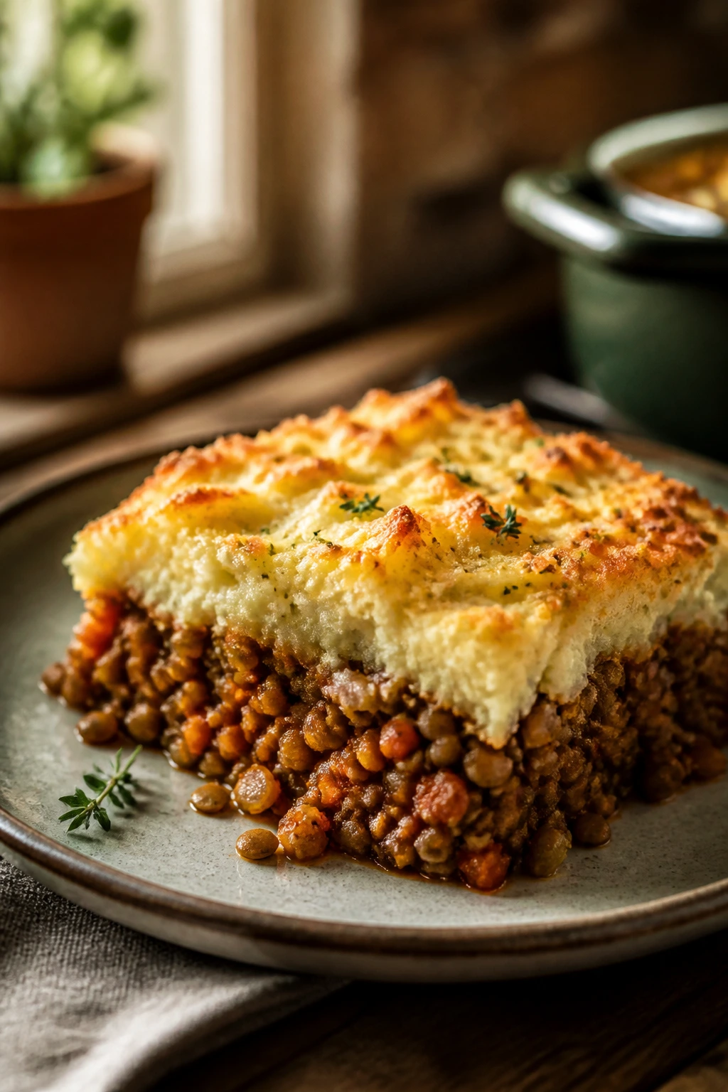 Slice of lentil shepherd's pie with potato topping