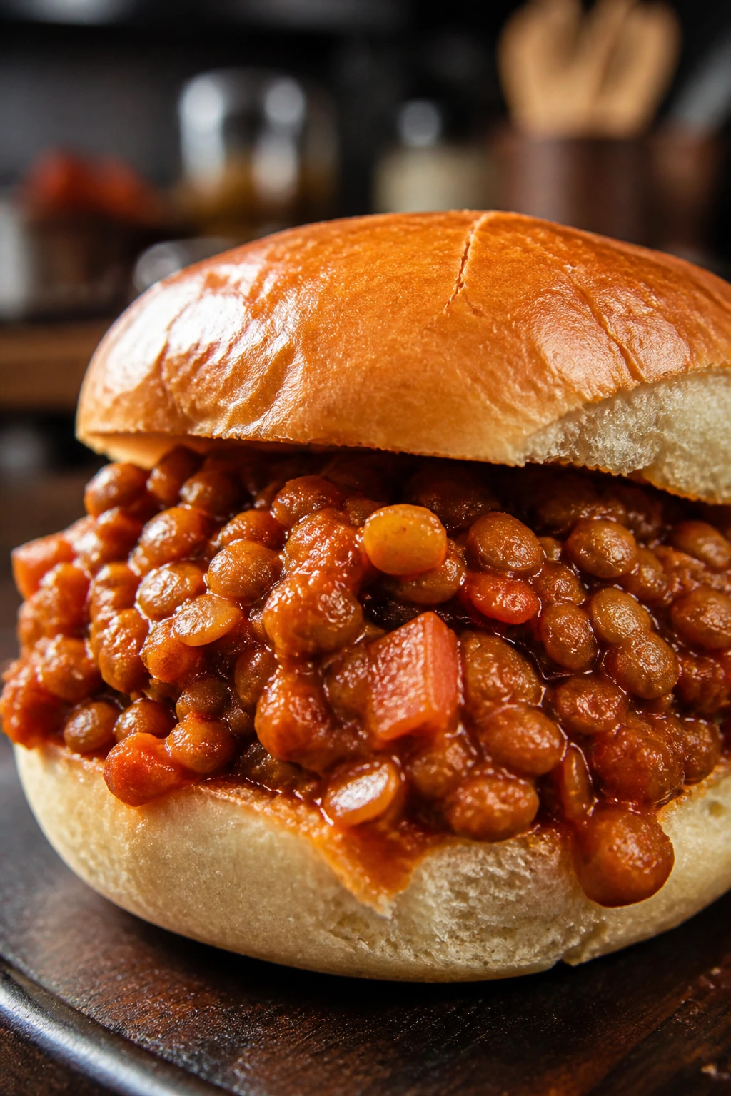 Bun loaded with lentil sloppy joe filling