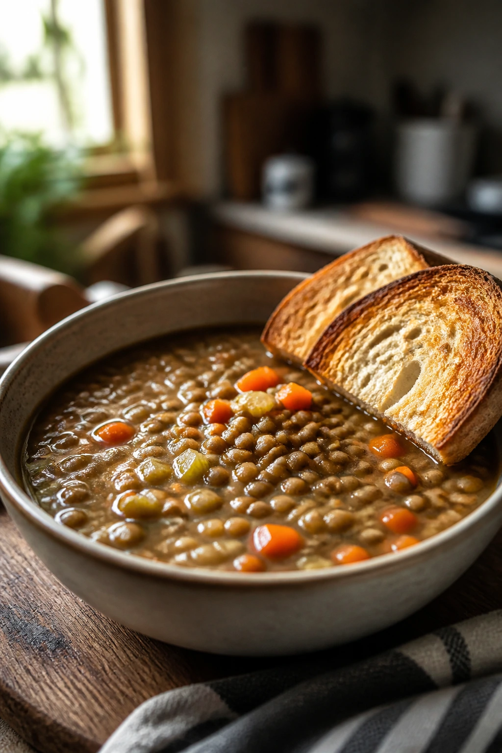 Close-up of steaming lentil soup in a bowl with toasted bread on a rustic wooden table