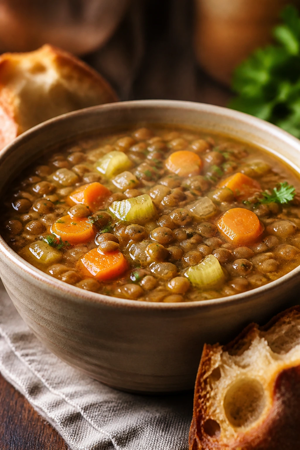 Close-up of lentil soup with carrots and celery in a bowl.