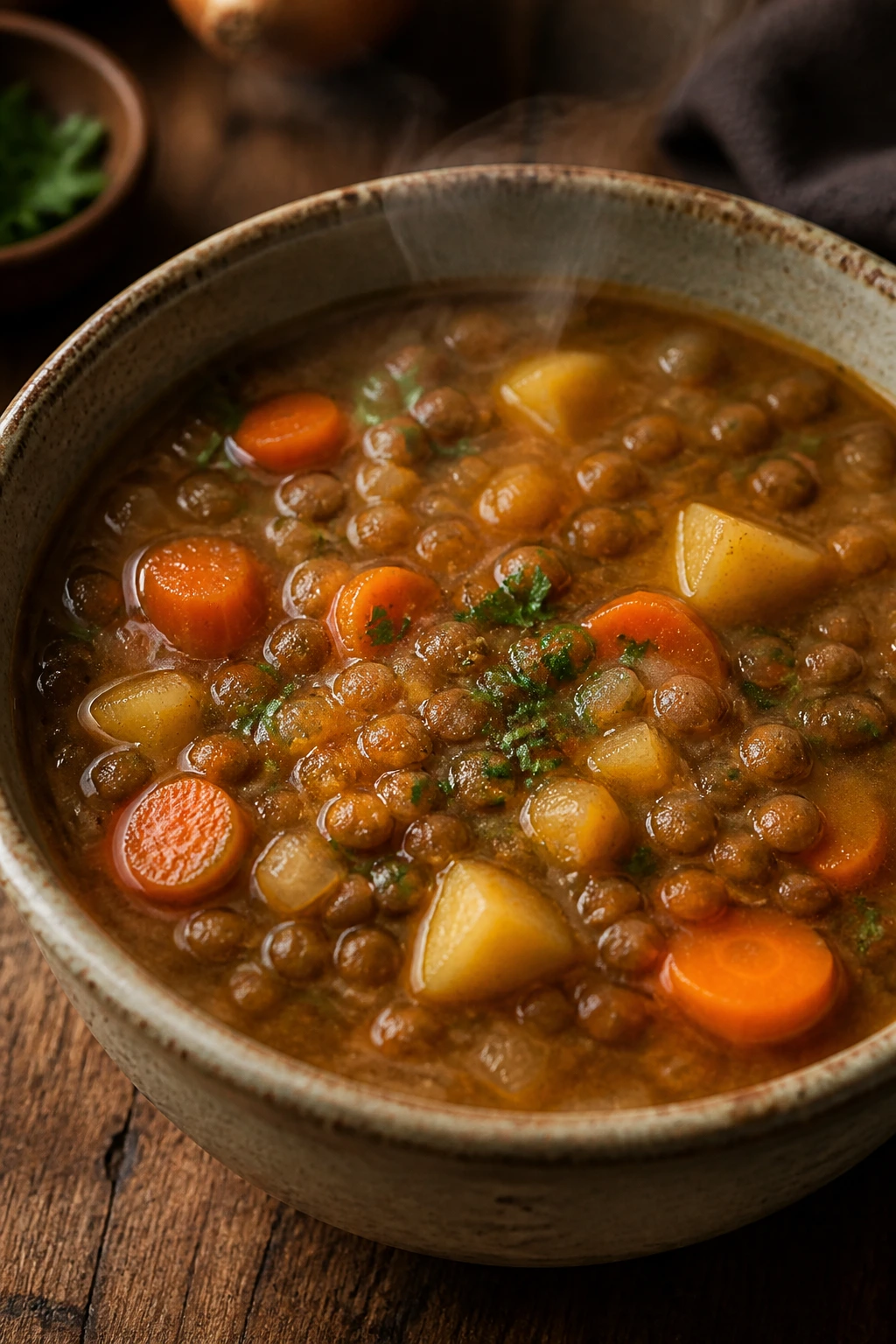 Bowl of lentil soup with carrots and potatoes in a rustic setting