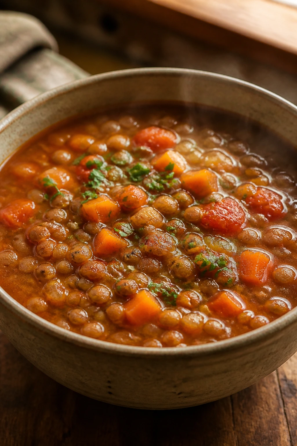 Close-up of lentil vegetable soup in a rustic kitchen