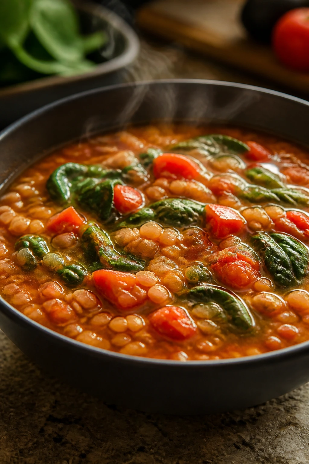 Close-up of lentil tomato spinach soup in a bowl