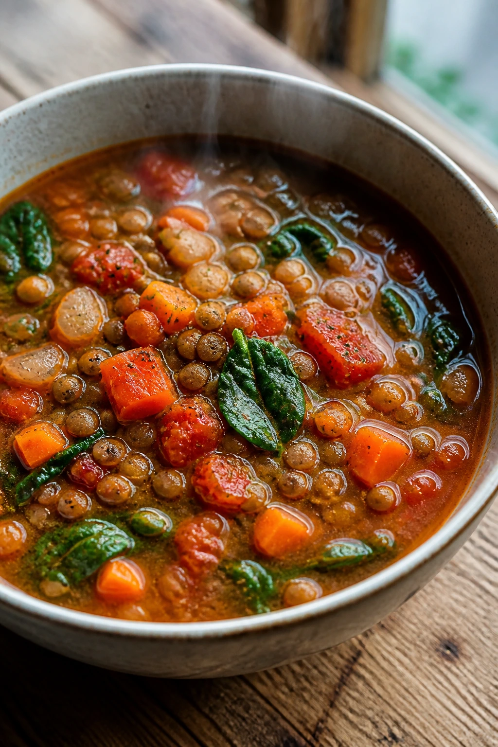 Steaming lentil vegetable soup in a bowl on a wooden table
