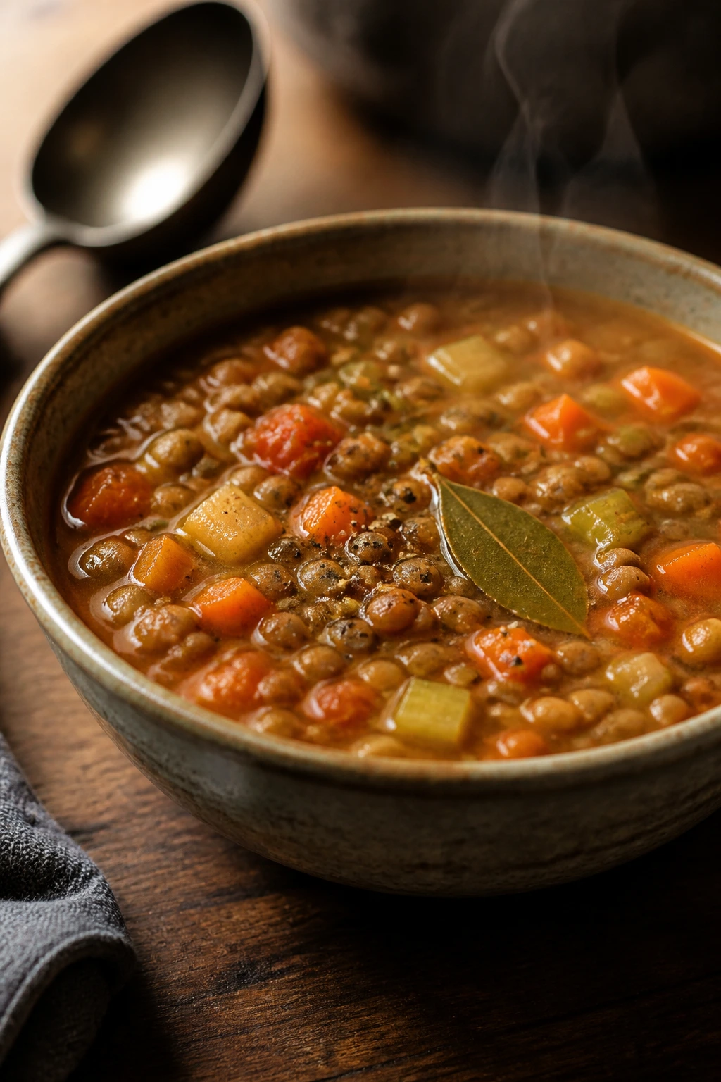 Close-up of lentil vegetable soup in a bowl on a wooden table