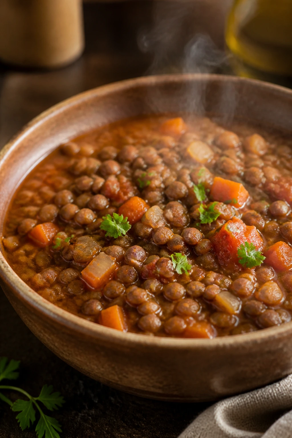 Close-up of a hearty lentil stew in a rustic bowl.