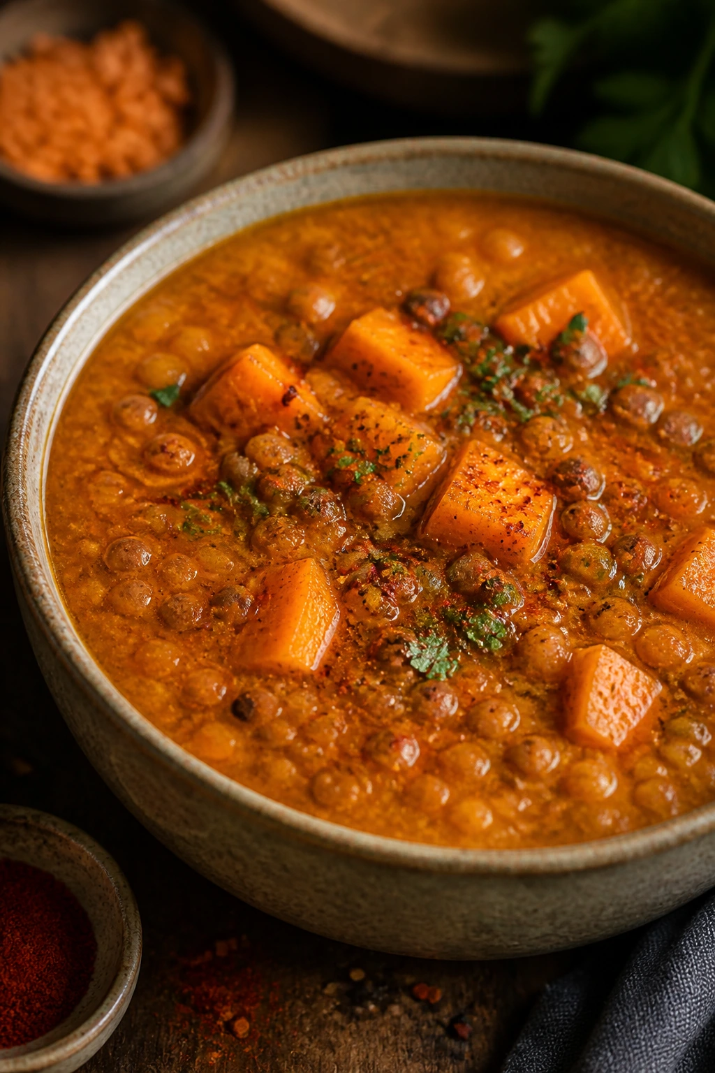 Close-up of smoky lentil and sweet potato soup