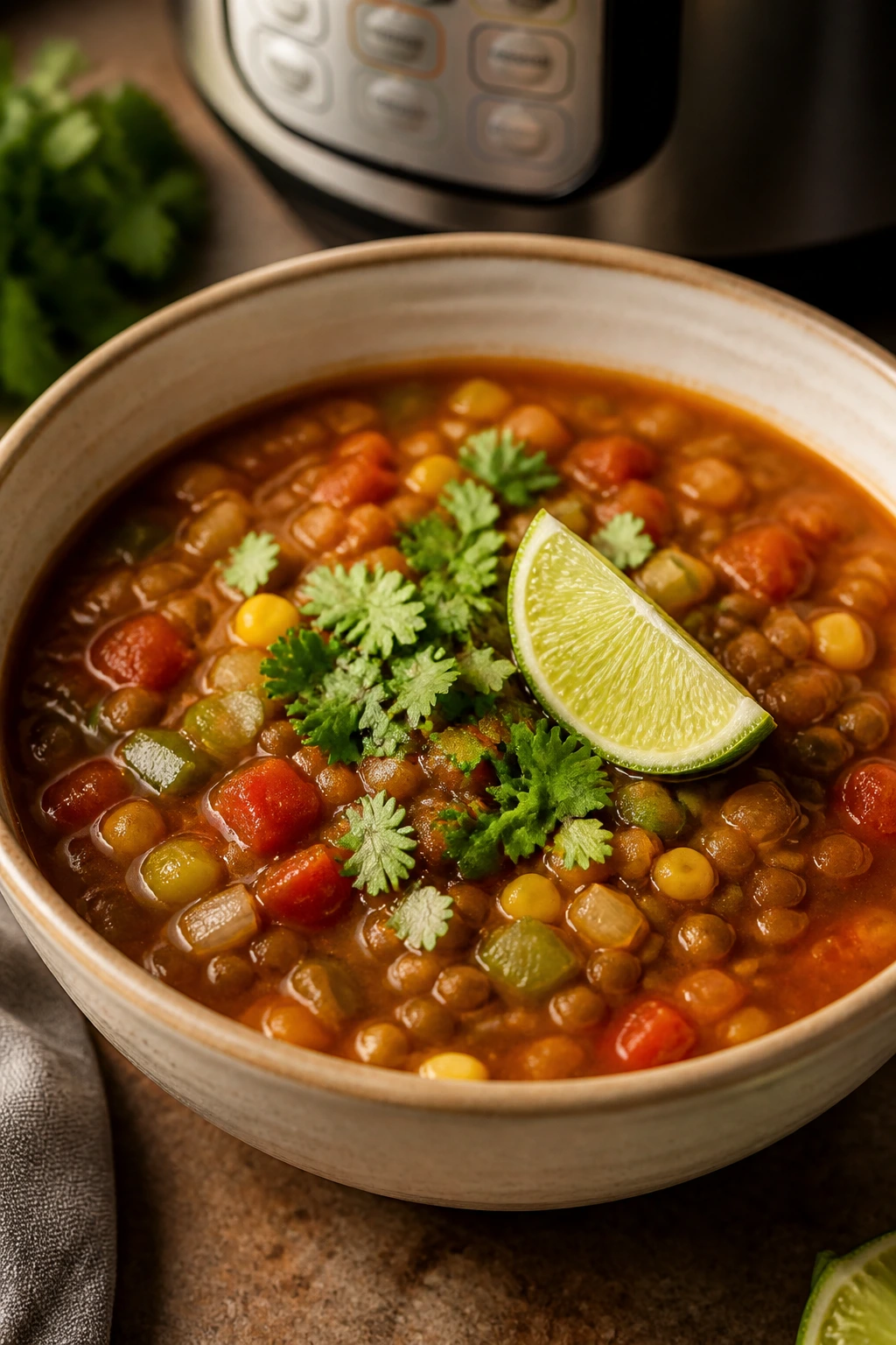 Bowl of lentil taco soup with toppings on a kitchen counter