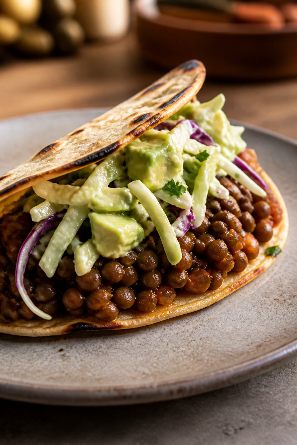 Close-up of Smoky Lentil Tacos with Avocado Slaw on a plate