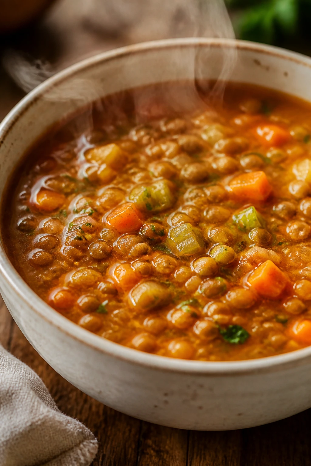 Close-up of Lentil Vegetable Soup in a bowl with lentils and vegetables