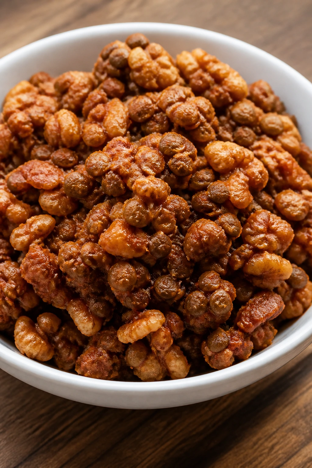 Close-up of lentil-walnut taco filling mound