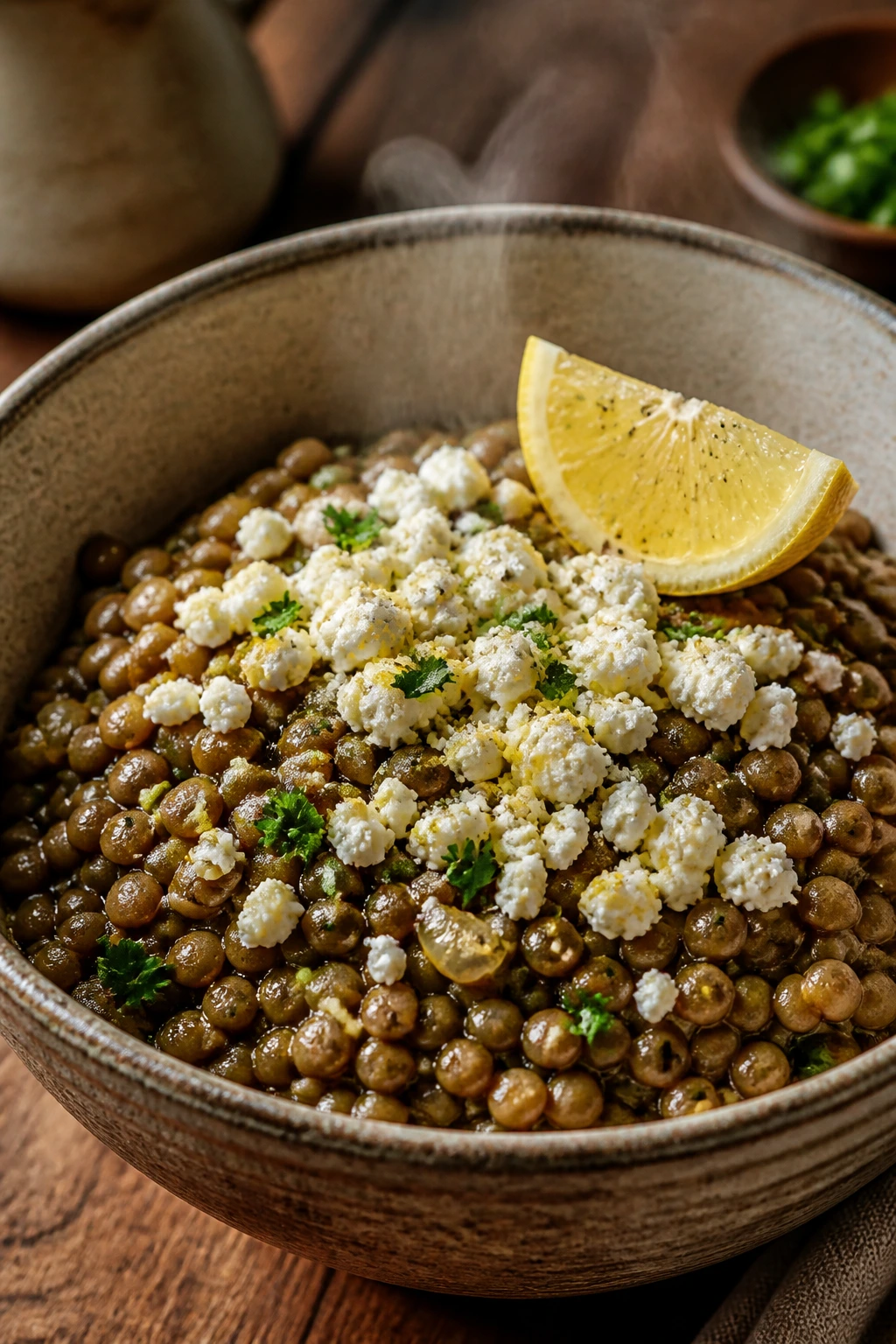 Close-up of a lentil bowl topped with feta and lemon juice on a wooden table