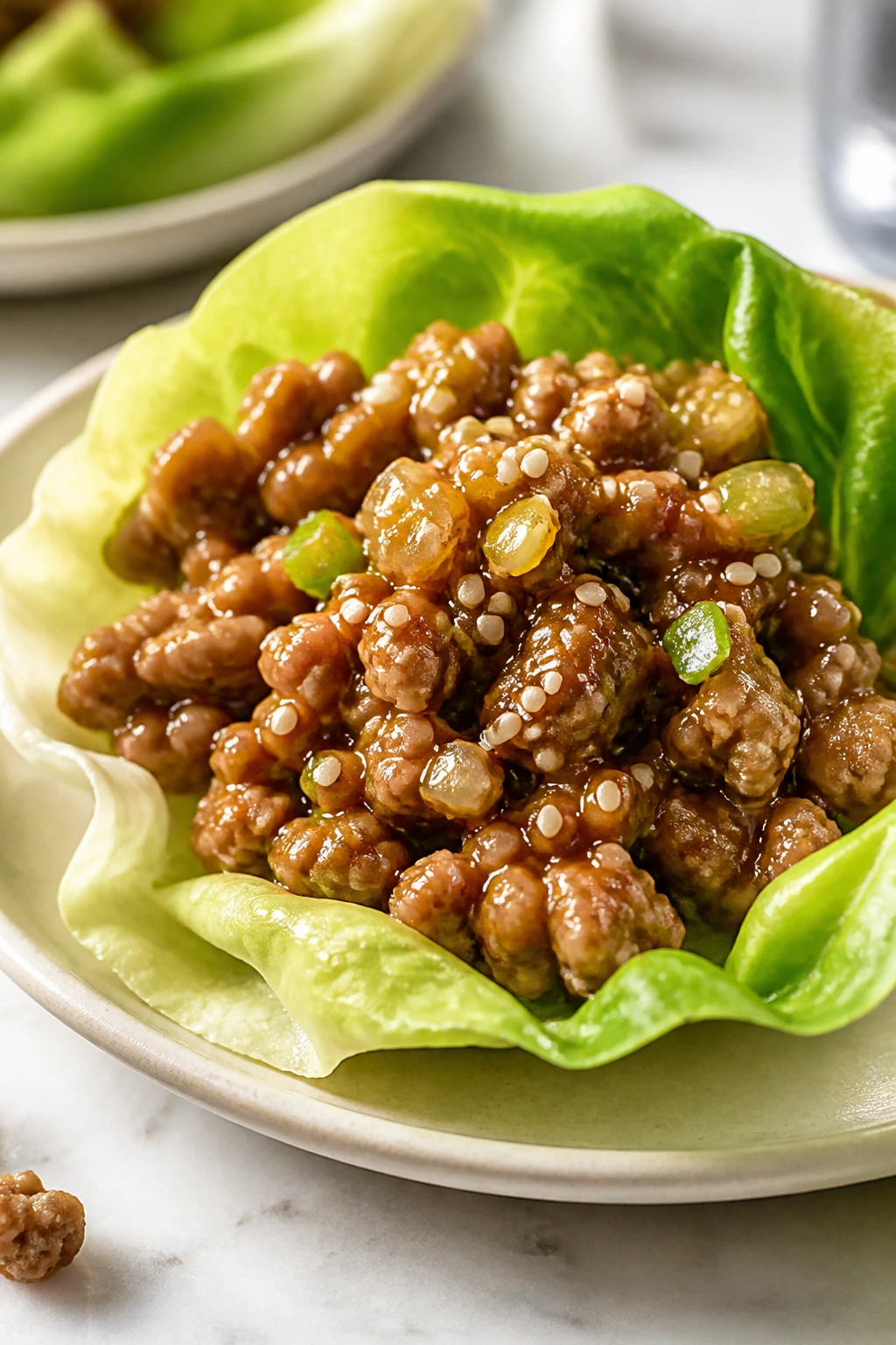 Lettuce wrap filled with sesame ginger chicken in a close-up