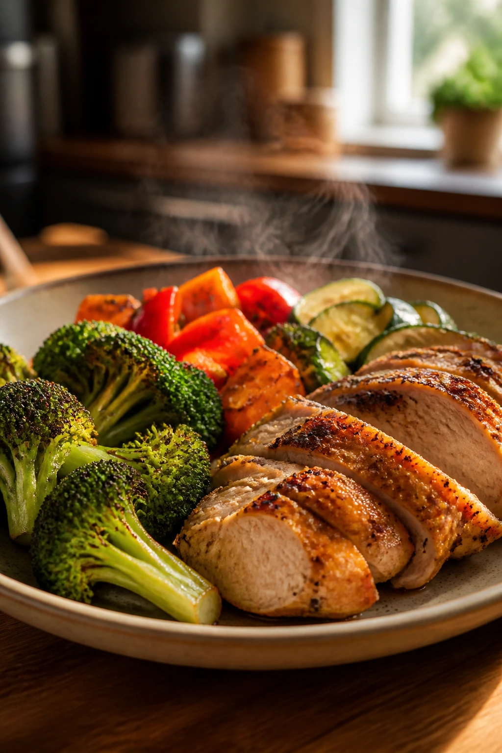 Close-up of a balanced dinner plate with lean roast chicken and broccoli in a cozy kitchen