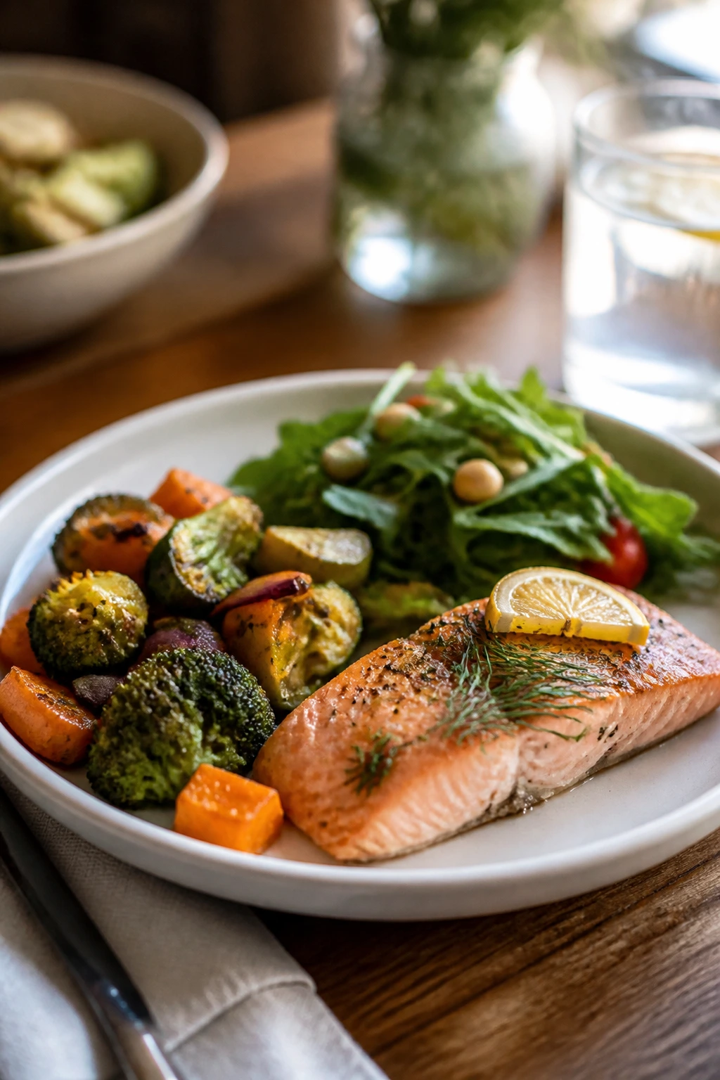 Plate of lighter, generous anti-inflammatory dinner with salmon and vegetables on a dining table.
