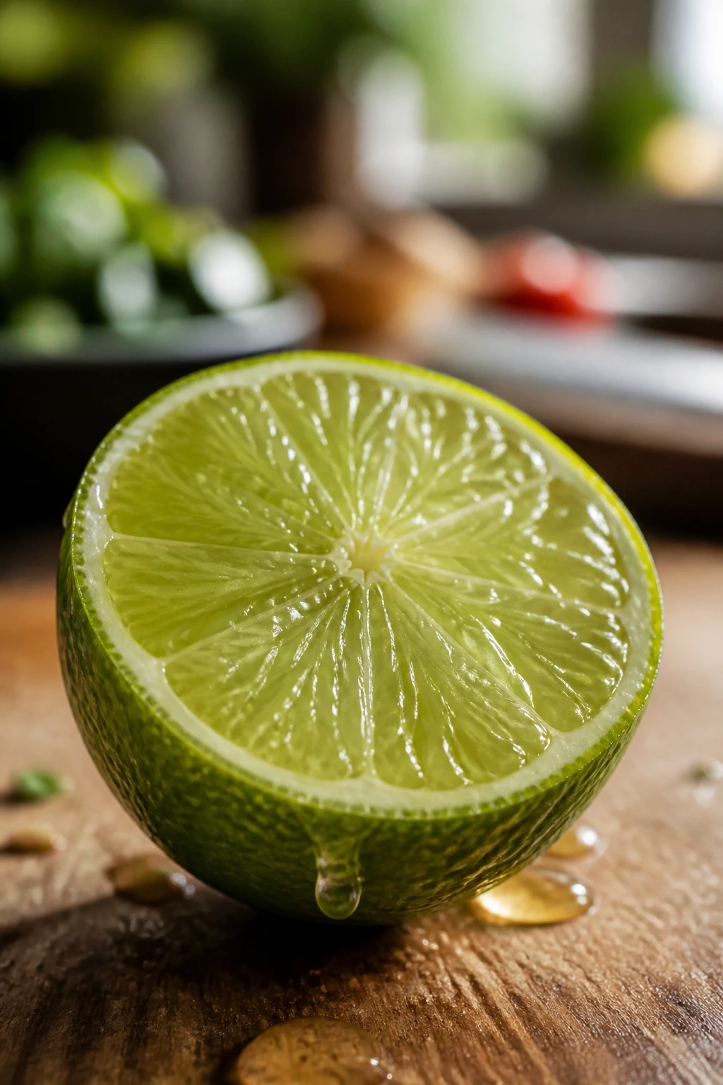 Close-up of a fresh lime half with juicy segments and droplets