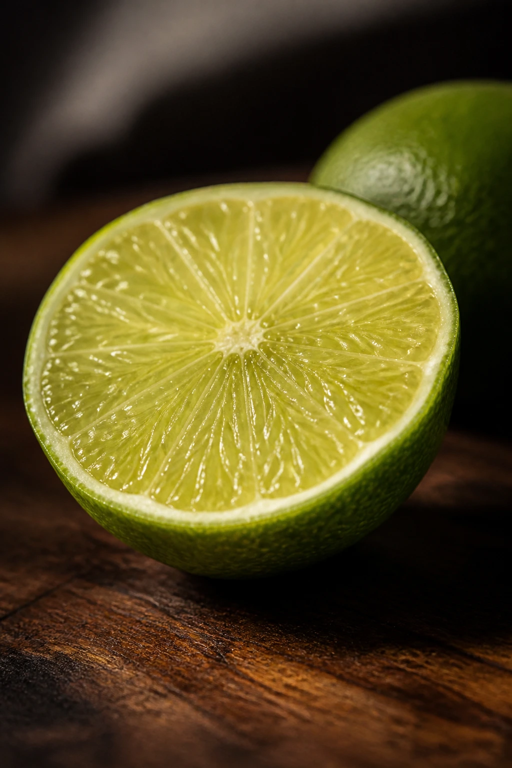 Close-up of a fresh lime halved to show juicy segments on a wooden surface