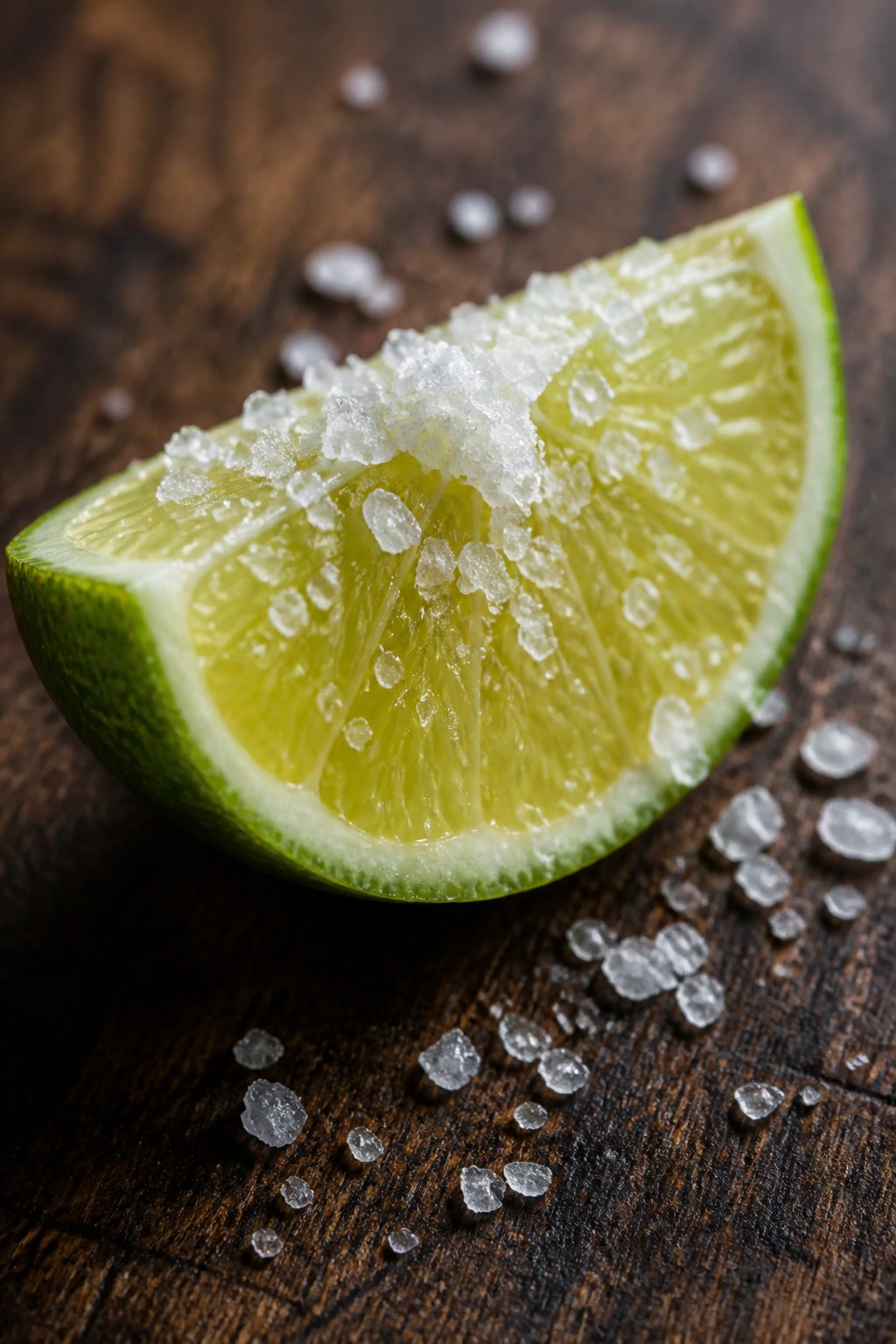 Lime wedge with flaky salt on wood
