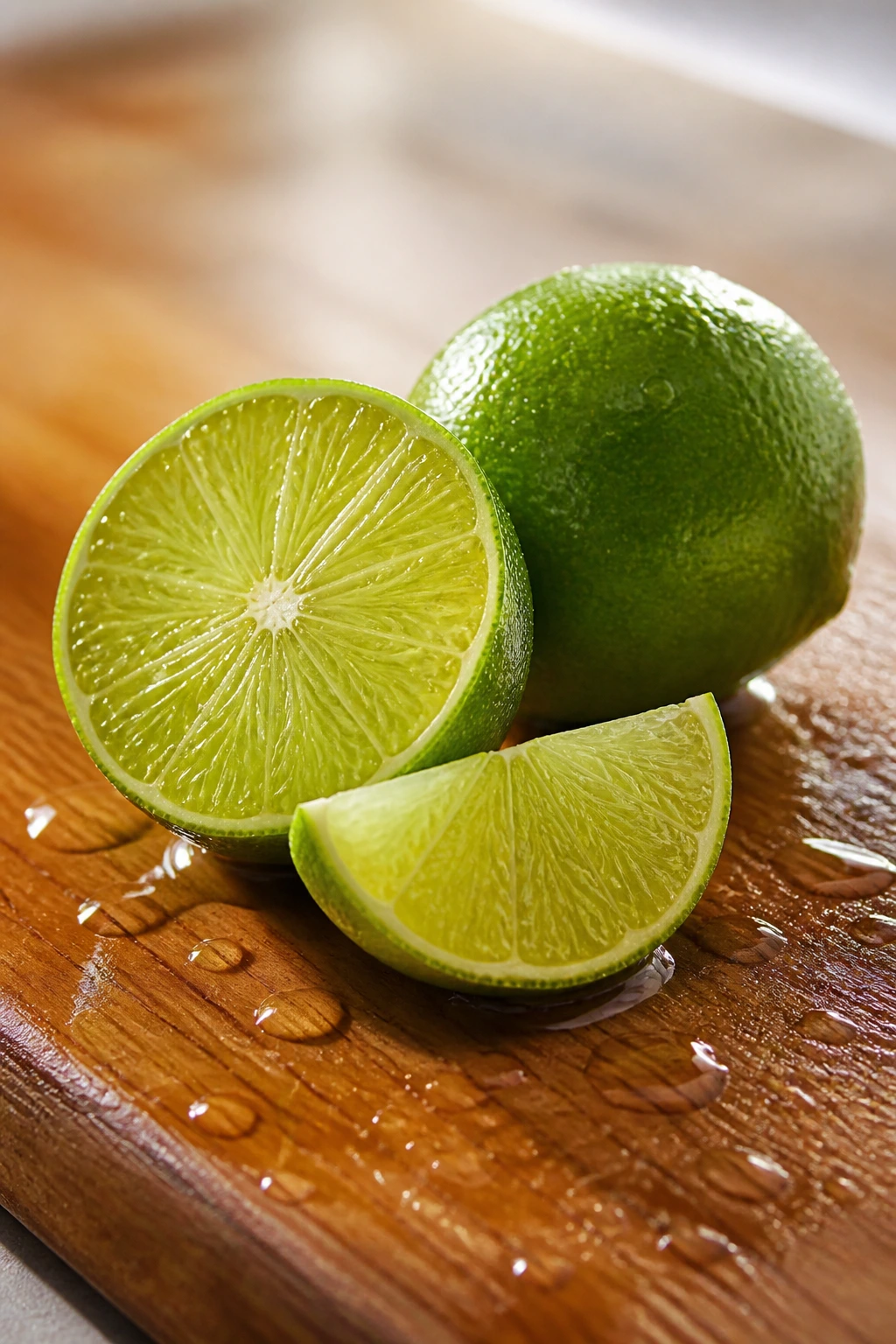 Fresh lime on cutting board with juice droplets
