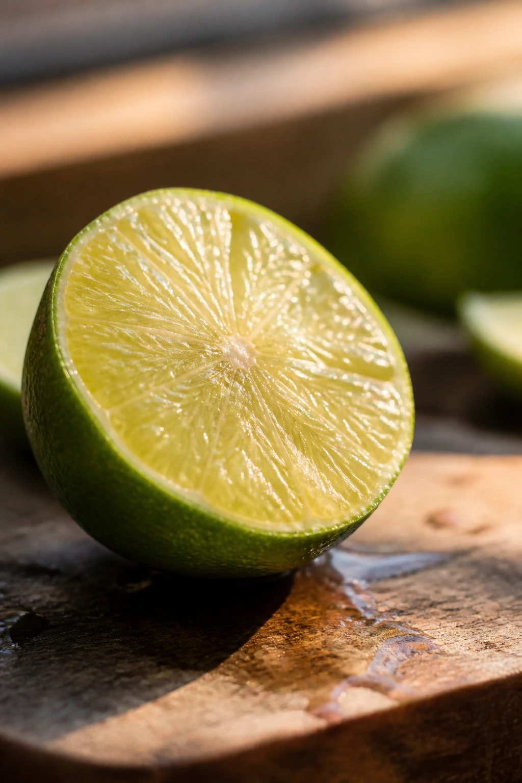 Lime half with juice droplets on wood board, illustrating flavor acid without heat