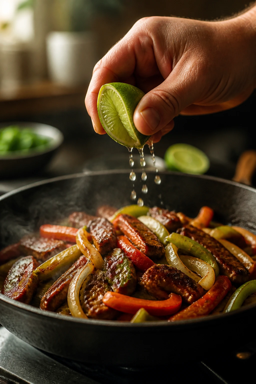 Lime being squeezed over fajita filling to boost flavor.