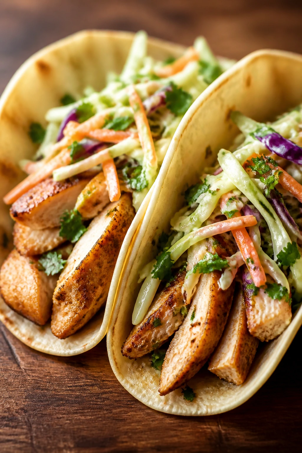 Close-up of chicken tacos with lime slaw filling on a wooden surface